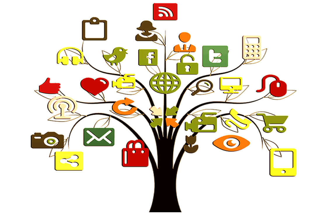 This is an image of a tree with different social media icon hanging on it